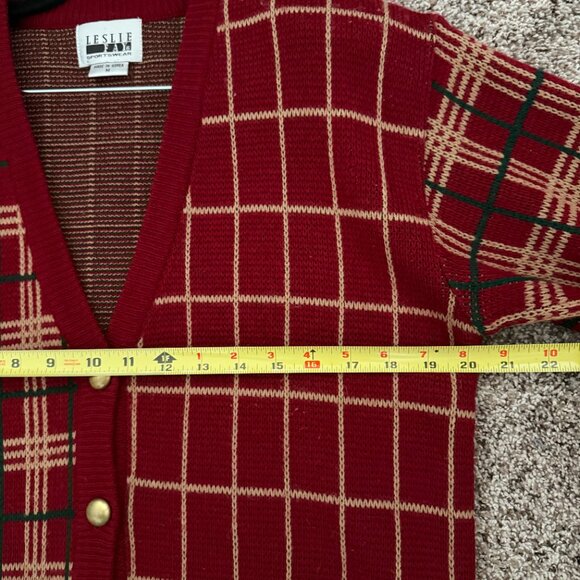 Vintage knit plaid Christmas holiday preppy gift cardigan red grandpa sweater - Picture 15 of 16
